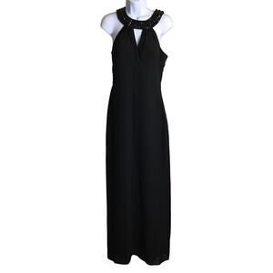 White House Black Market Women Black Gown Sz. 6 Jeweled Neck Halter Maxi Dress